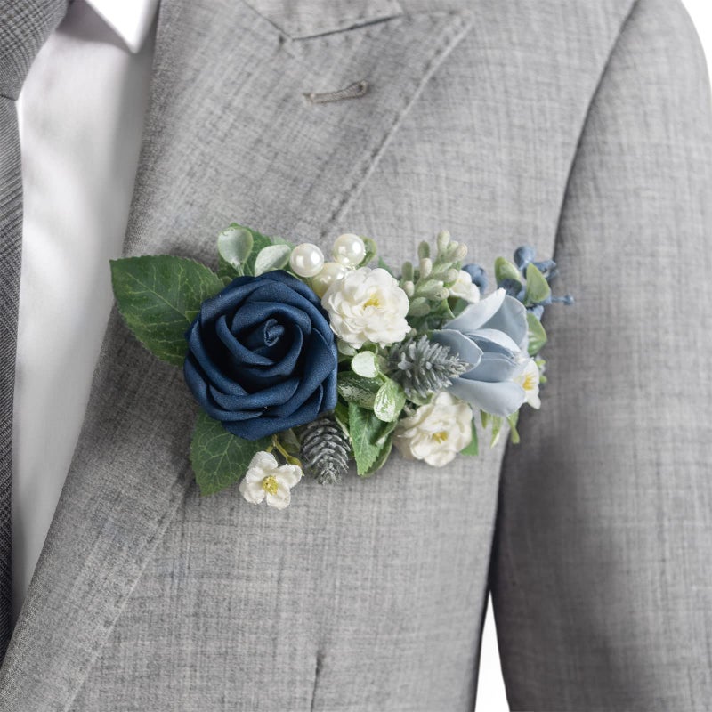 Ling's moment Ling's Moment Dusty Blue Pocket Boutonniere Single, Navy Boutonniere for Men Groom for Wedding, Prom, Homecoming,  - Image 2