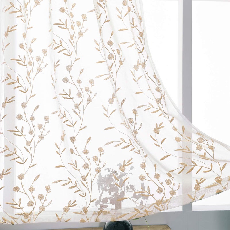 MYSTIC-HOME Sheer Curtains Embroidery 63 Inch Length White Beige Rod Pocket Voile Drapes for Living room Bedroom Window Treatments Semi Flower Pattern Curtain Panels for Yard Farmhouse Set of 2 52x 63 