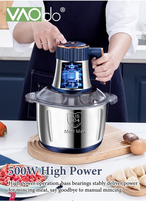 5L Food Chopper, Stainless Steel Bowl, 500W Food Processors 5 Speeds Adjustable Meat Grinder, 6-Blade Blade Multi Food Chopper, for Meat Vegetables Fruits Flour Eggs Nuts