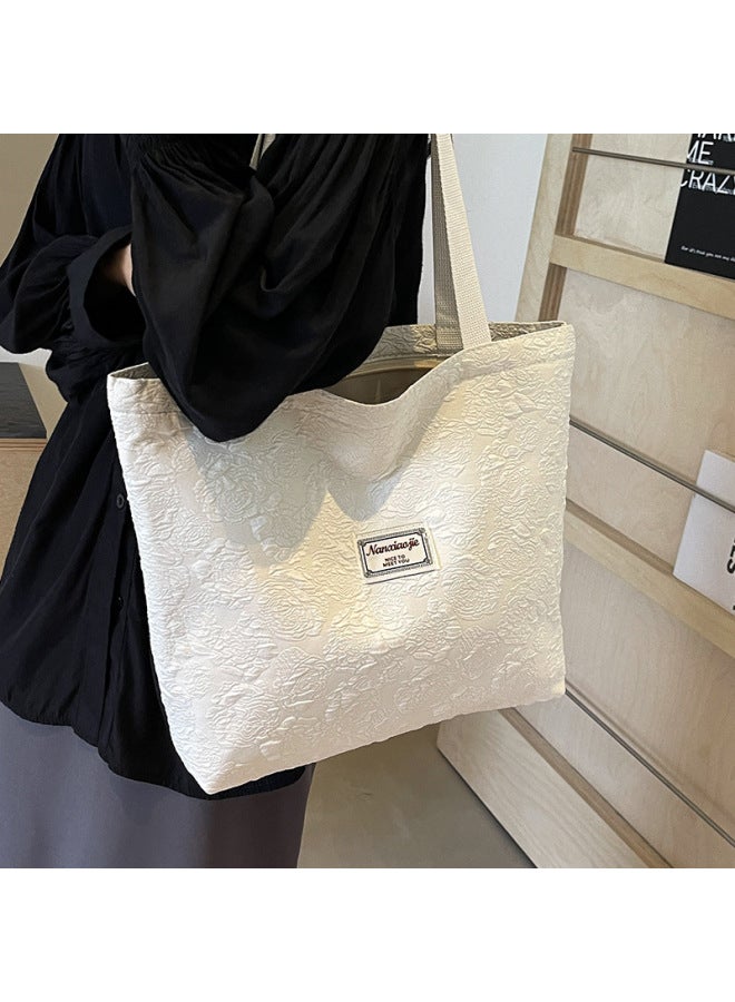 South Korea Ins Niche Canvas Bag 2024 Fashion Commuter Tote Bag Female College Students Class Shoulder Bag-Color:Large Creamy-white - Image 1