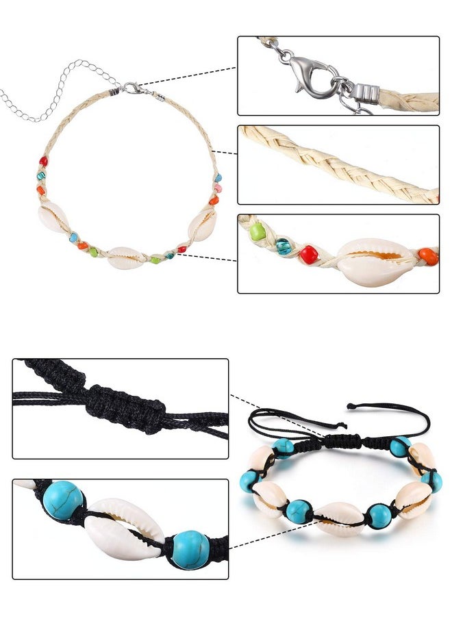 meekoo 4 Pieces Natural Cowrie Shell Ankle Bracelets Seashell Crochet Ankle Bracelet Handmade Boho Anklet Jewelry Adjustable Shell Bead Anklet For Women Girls Hawaii Beach Parties (Style B)  - Image 2