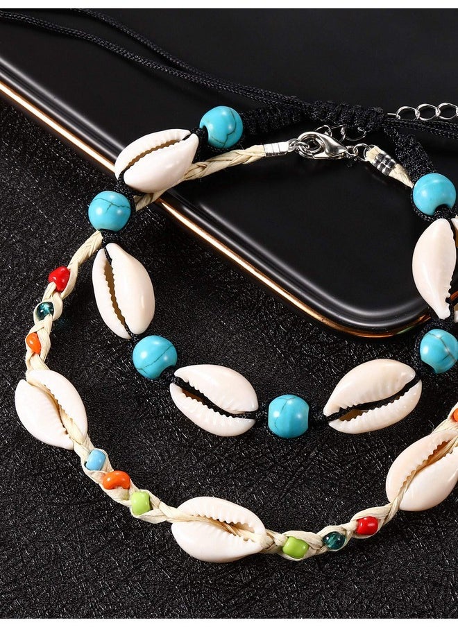 meekoo 4 Pieces Natural Cowrie Shell Ankle Bracelets Seashell Crochet Ankle Bracelet Handmade Boho Anklet Jewelry Adjustable Shell Bead Anklet For Women Girls Hawaii Beach Parties (Style B)  - Image 3