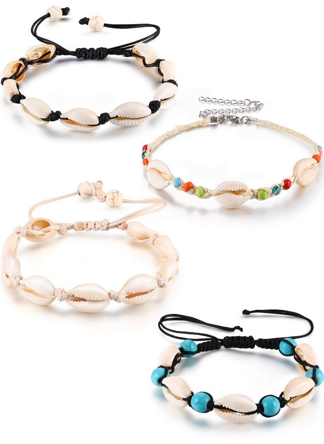 meekoo 4 Pieces Natural Cowrie Shell Ankle Bracelets Seashell Crochet Ankle Bracelet Handmade Boho Anklet Jewelry Adjustable Shell Bead Anklet For Women Girls Hawaii Beach Parties (Style B)  - Image 1