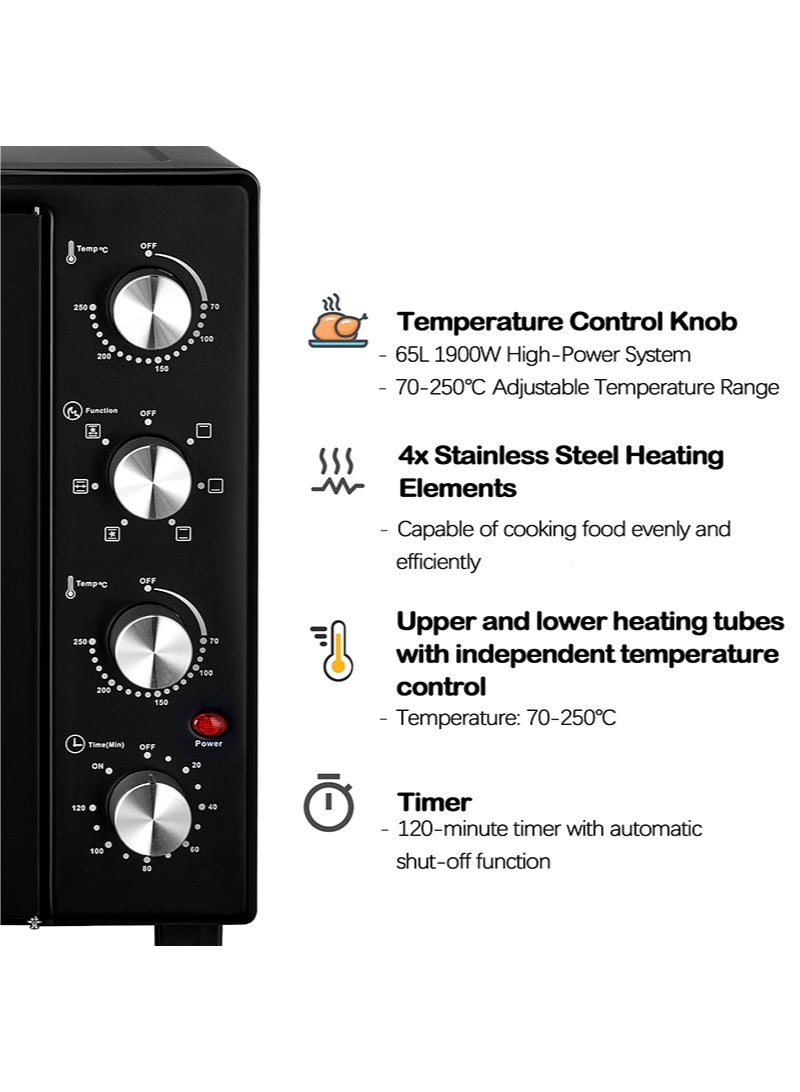 XIUWOO 65 Liter Dual Doors Designed Electric Oven, Rotisserie Function, Adjustable Temperature (70-250°C), 120-Min Timer with Bell Ring, 4 Stainless Steel Heating Elements, Indication Light 65L 1900 W Black/Silver for Home Kitchen Bakery - Image 2