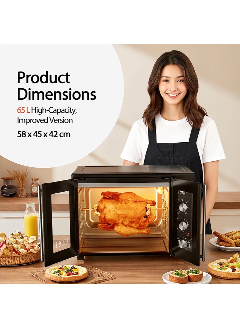 XIUWOO 65 Liter Dual Doors Designed Electric Oven, Rotisserie Function, Adjustable Temperature (70-250°C), 120-Min Timer with Bell Ring, 4 Stainless Steel Heating Elements, Indication Light 65L 1900 W Black/Silver for Home Kitchen Bakery - Image 3