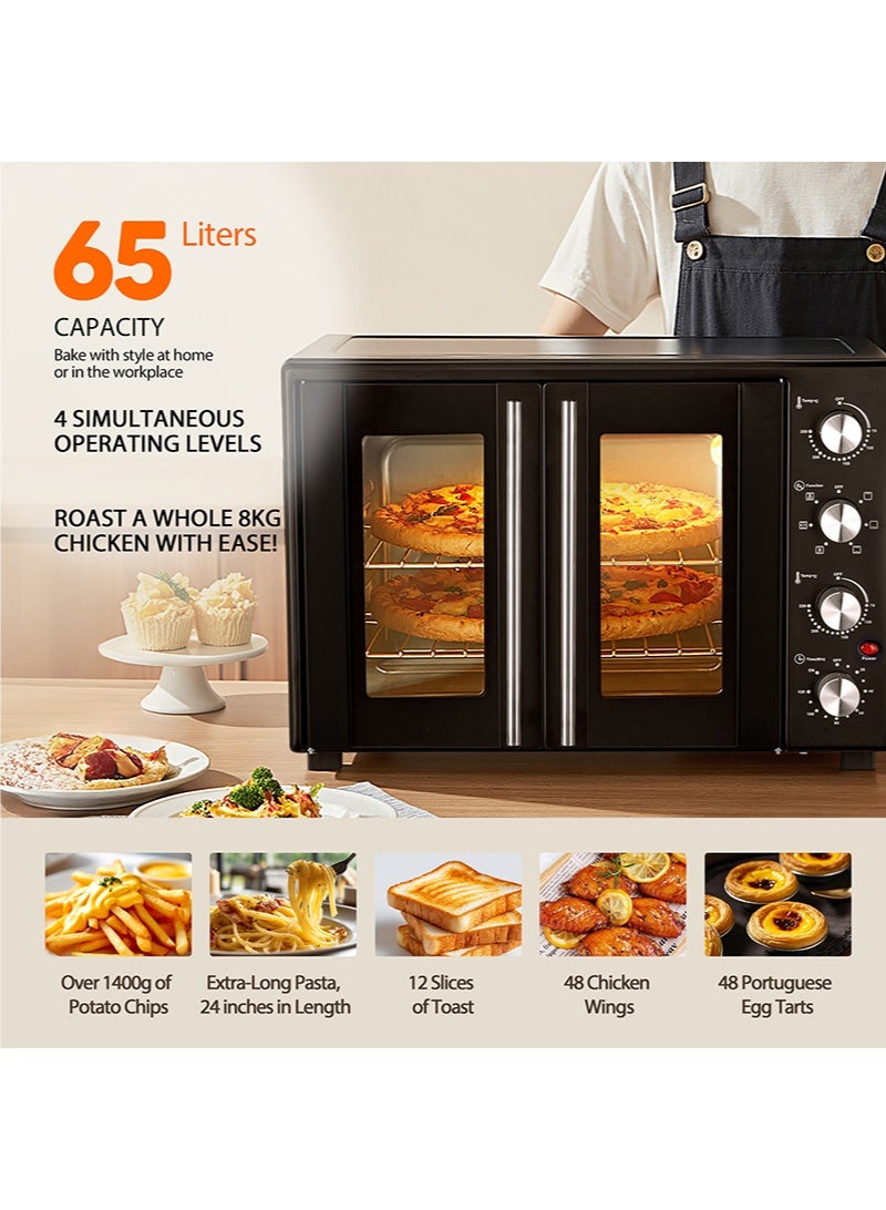 XIUWOO 65 Liter Dual Doors Designed Electric Oven, Rotisserie Function, Adjustable Temperature (70-250°C), 120-Min Timer with Bell Ring, 4 Stainless Steel Heating Elements, Indication Light 65L 1900 W Black/Silver for Home Kitchen Bakery - Image 4