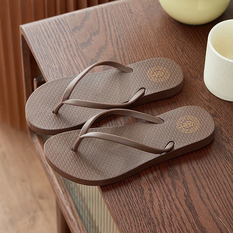 Flip-flops Womens Summer All-match Niche Beach Home Exterior Wear Korean Style Simple PVC Slippers Dark brown - Image 1