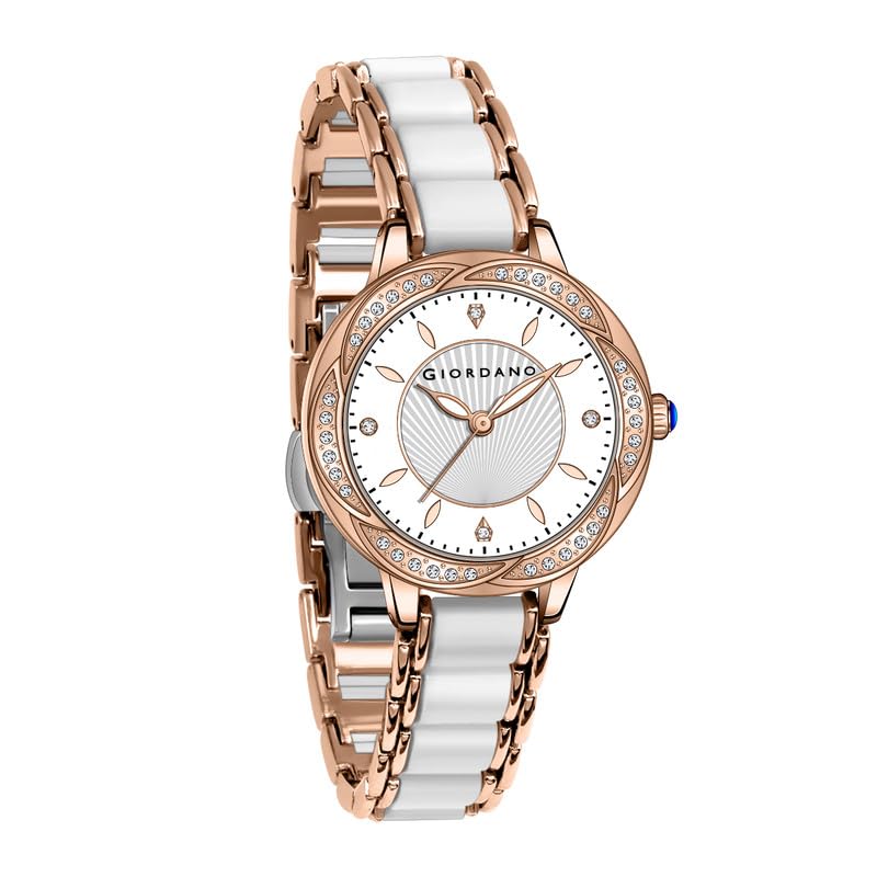 Giordano Flower Case Watch for Women with Crystal-Studded Bezel, Diamond Hour Markers & Dual Tone Stainless Strap - Image 1