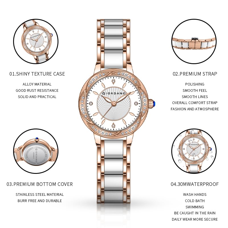 Giordano Flower Case Watch for Women with Crystal-Studded Bezel, Diamond Hour Markers & Dual Tone Stainless Strap - Image 5