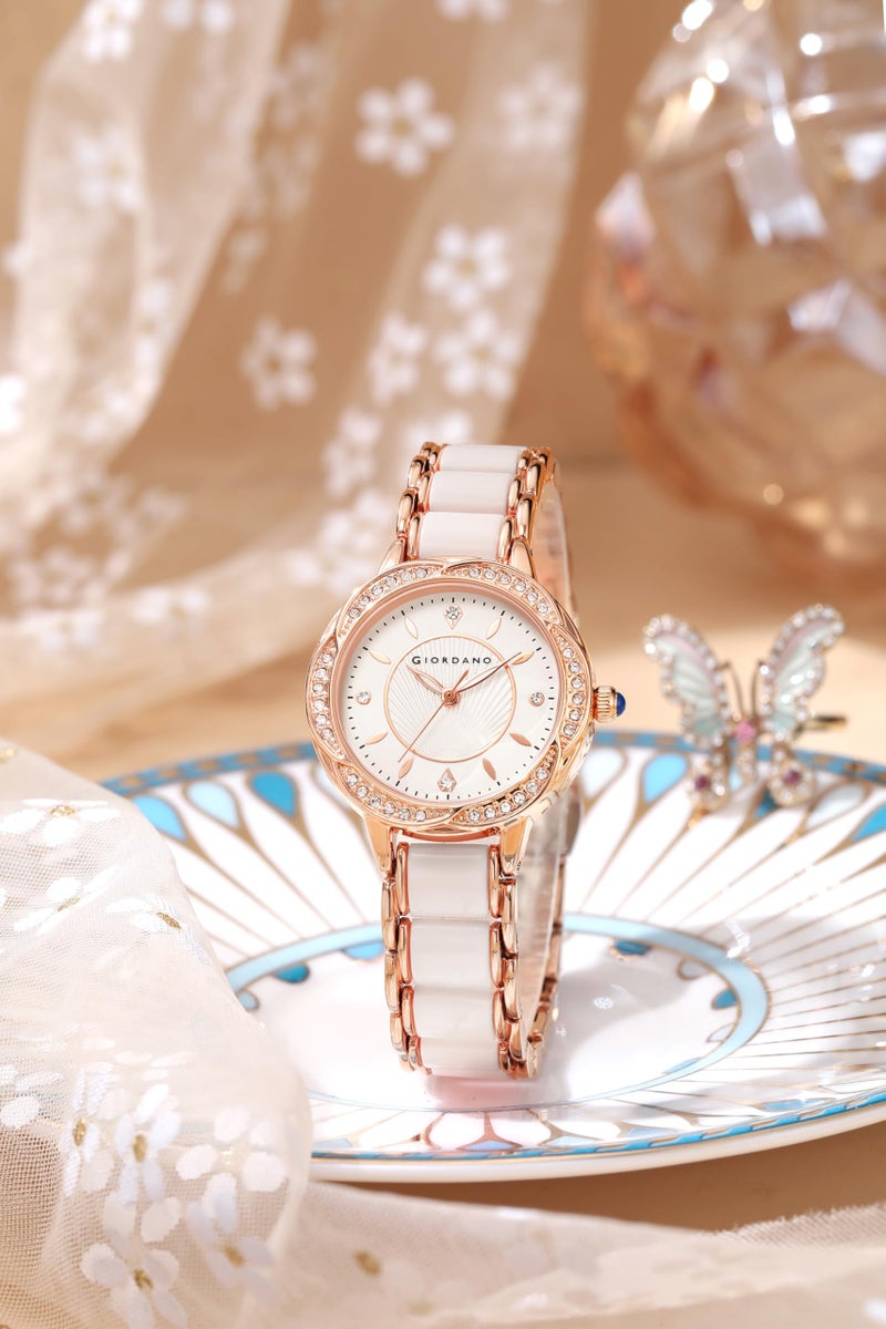Giordano Flower Case Watch for Women with Crystal-Studded Bezel, Diamond Hour Markers & Dual Tone Stainless Strap - Image 3