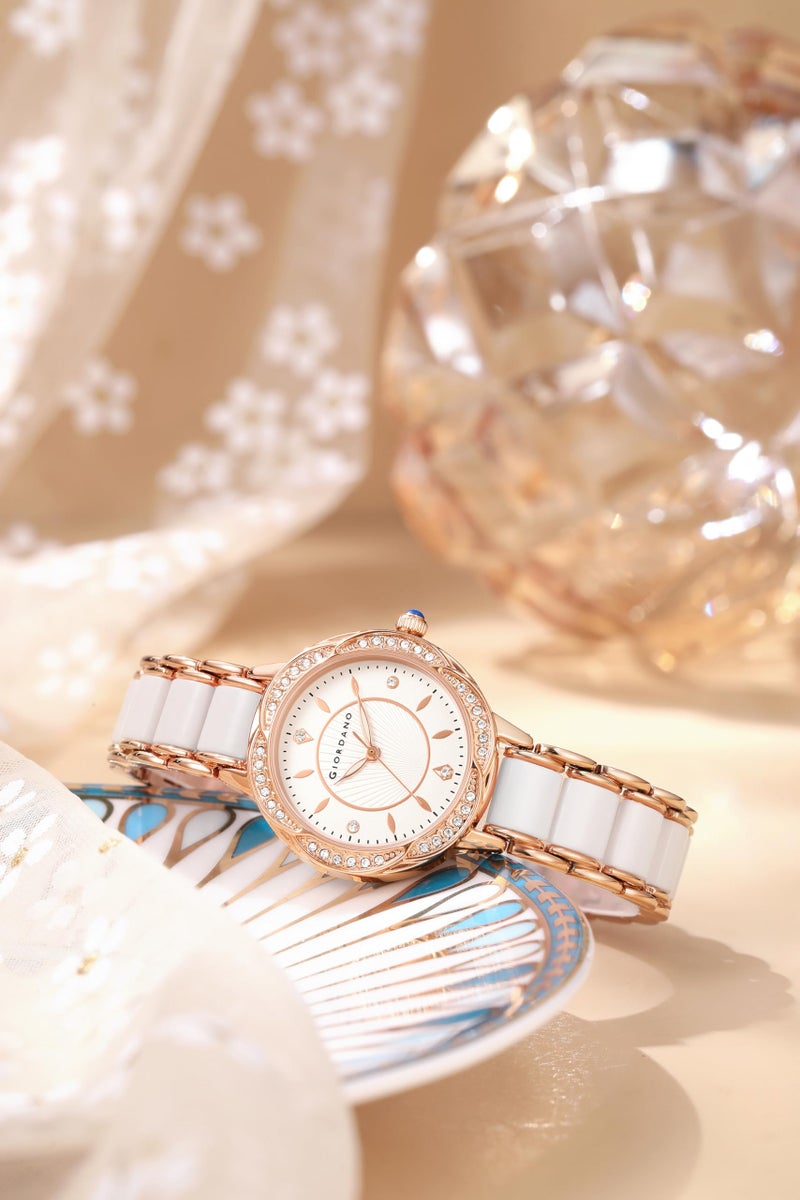 Giordano Flower Case Watch for Women with Crystal-Studded Bezel, Diamond Hour Markers & Dual Tone Stainless Strap - Image 4