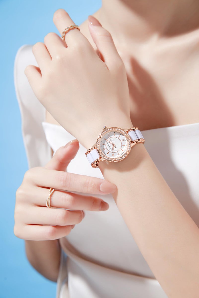Giordano Flower Case Watch for Women with Crystal-Studded Bezel, Diamond Hour Markers & Dual Tone Stainless Strap - Image 2