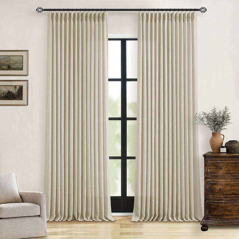 TWODRAPES 90 Inch Linen Pinch Pleated Curtains 2 Panels for Living Room Bedroom Memory Training Shaped Semi Sheer Beige Light Tan Pinch Pleat Drapes Hooks Rings Light Filtering Window Curtain 40x90 - Image 1