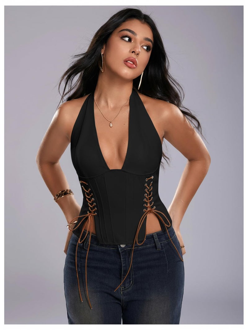 MakeMeChic Women's Corset Halter Tops Y2K Going Out Lace Up Tops Gothic Cowgirl Crop Tops Black Medium - Image 4