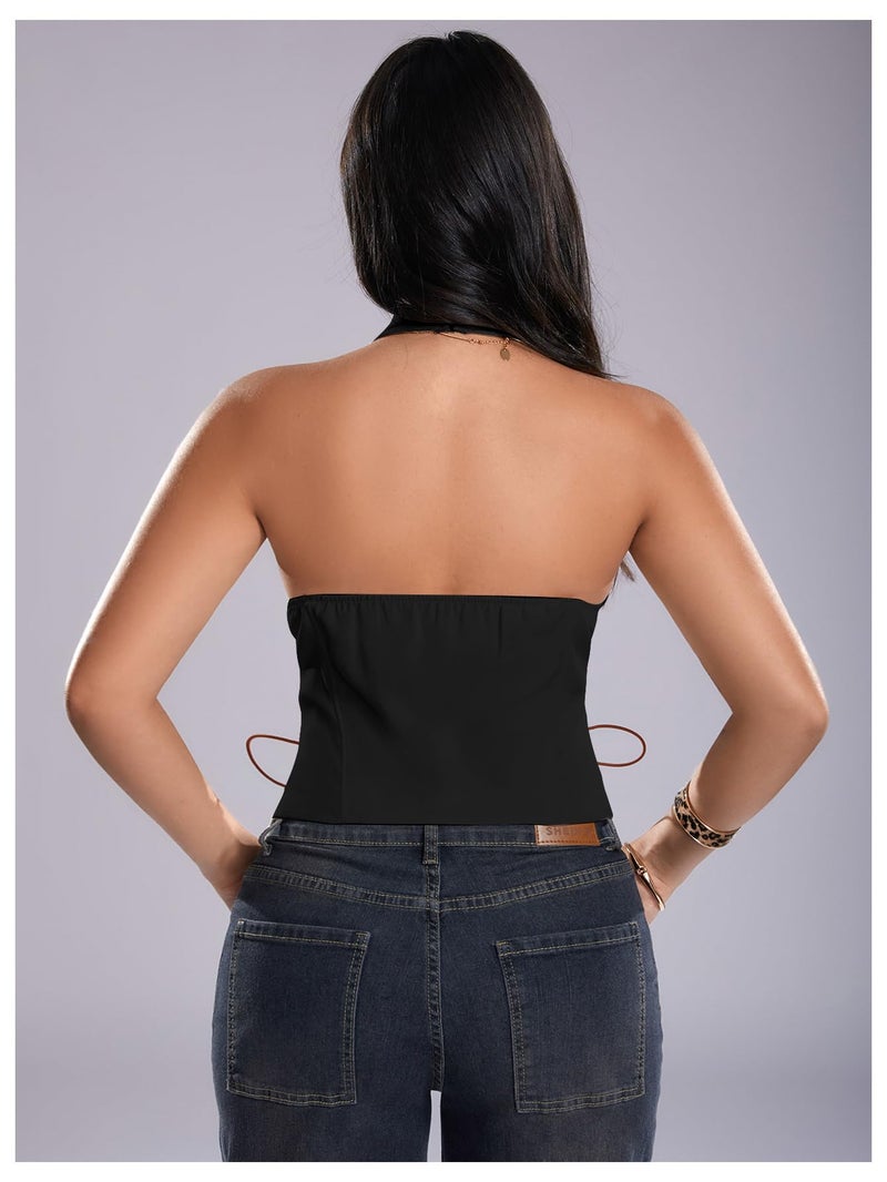 MakeMeChic Women's Corset Halter Tops Y2K Going Out Lace Up Tops Gothic Cowgirl Crop Tops Black Medium - Image 2