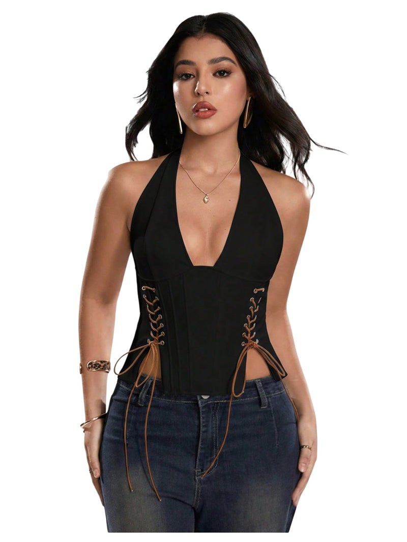MakeMeChic Women's Corset Halter Tops Y2K Going Out Lace Up Tops Gothic Cowgirl Crop Tops Black Medium - Image 1