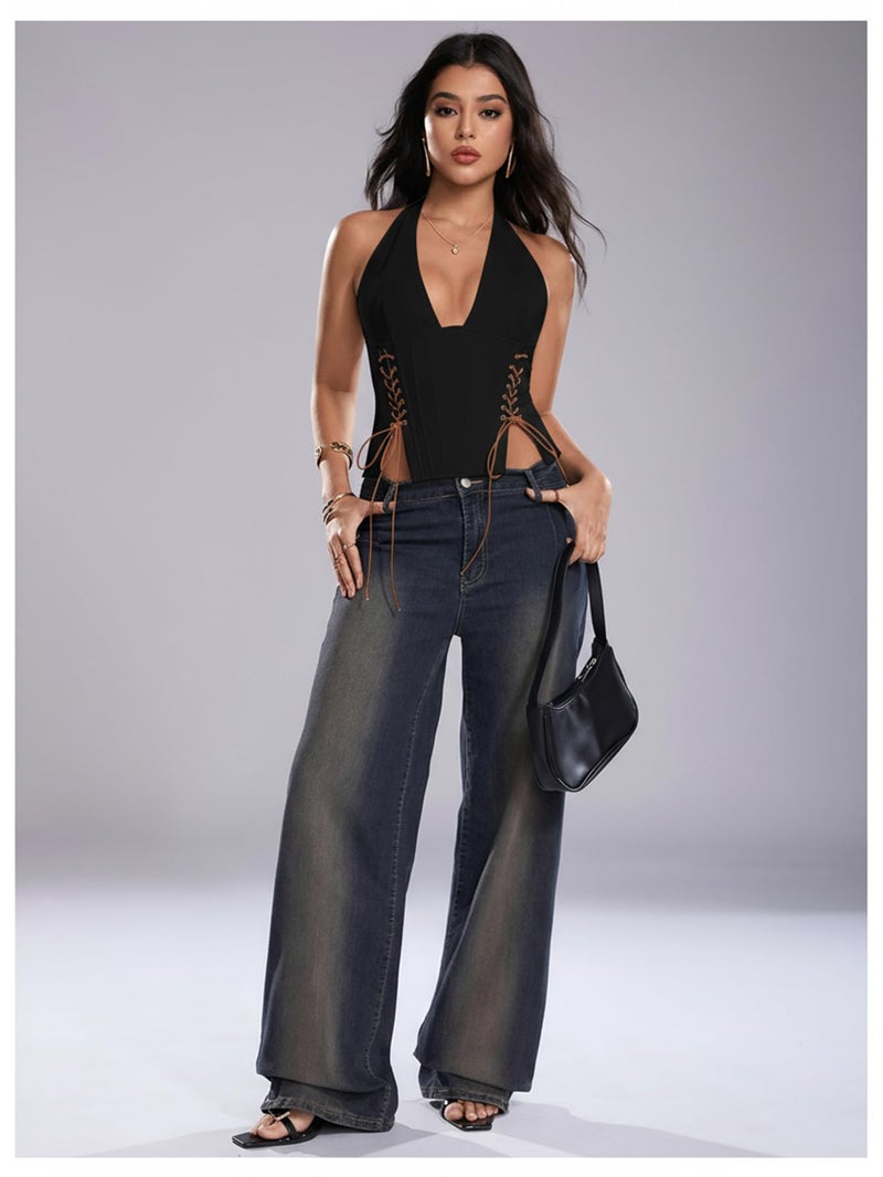 MakeMeChic Women's Corset Halter Tops Y2K Going Out Lace Up Tops Gothic Cowgirl Crop Tops Black Medium - Image 5