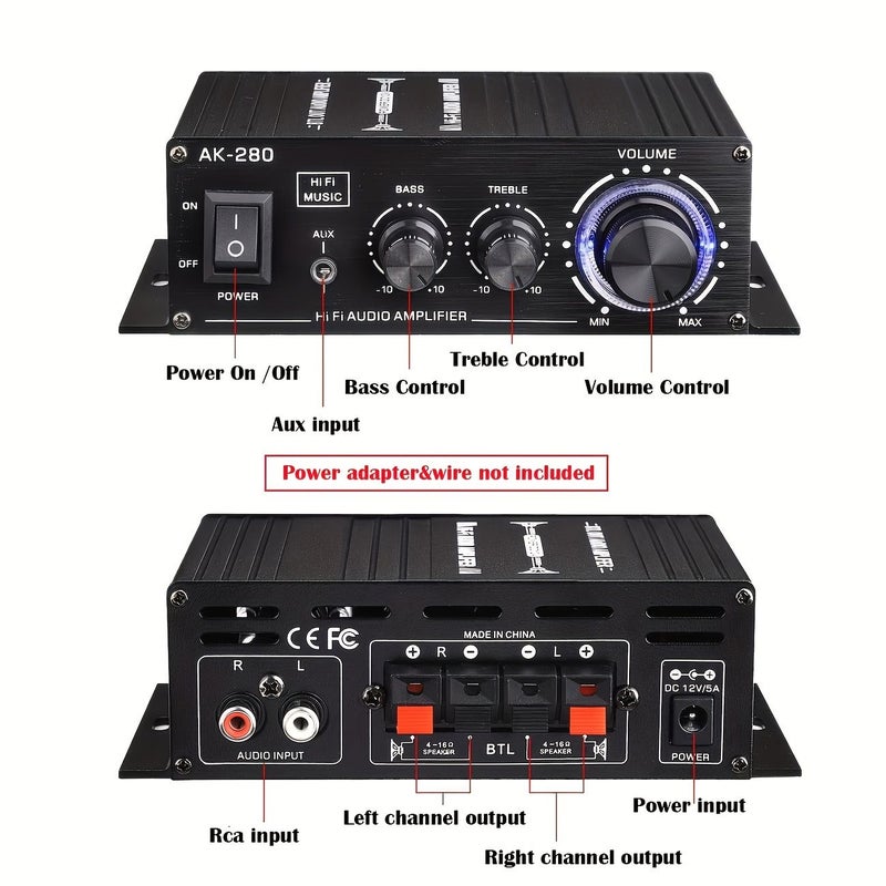 Professional Grade DC12V Portable Dual Channel Car Audio Amplifier Mini Stereo With Bass And Treble Adjustment Suitable For Home Theater Sound Systems Black - Image 3