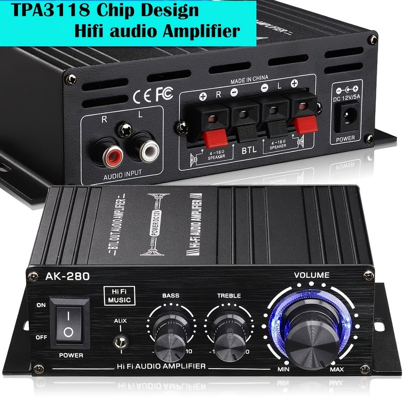 Professional Grade DC12V Portable Dual Channel Car Audio Amplifier Mini Stereo With Bass And Treble Adjustment Suitable For Home Theater Sound Systems Black - Image 4