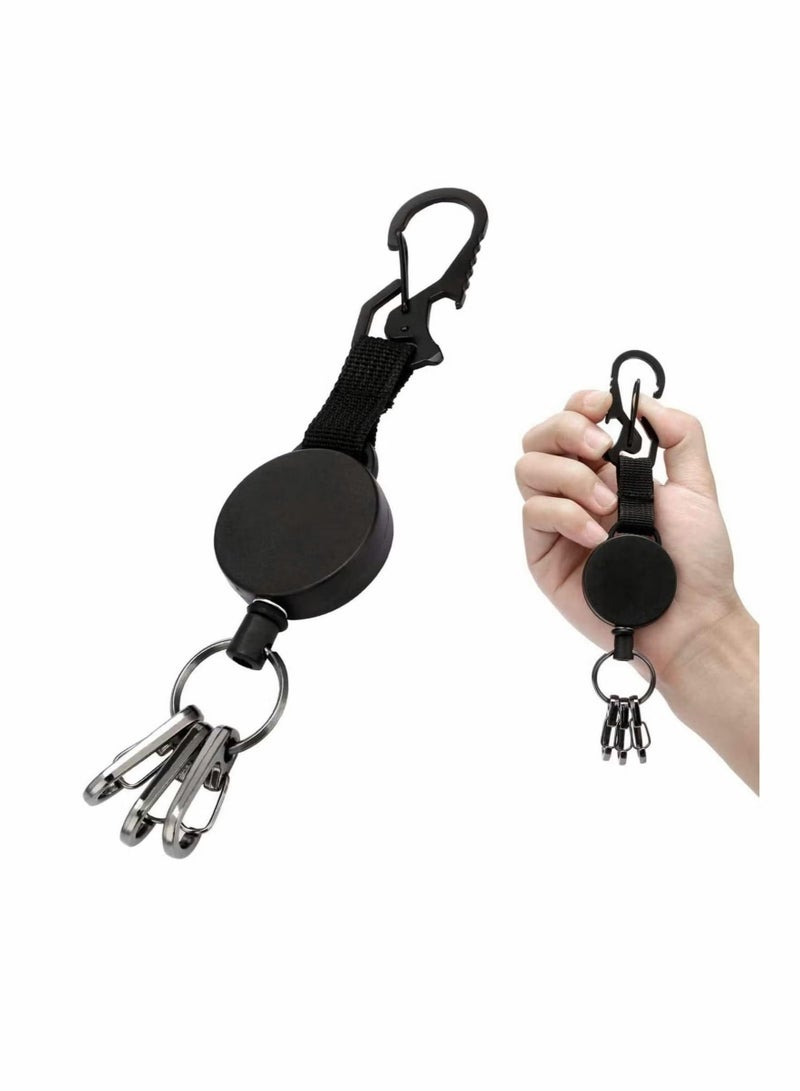 Retractable Key Chain, Lakobos Badge Reel Heavy Duty Holder Ring with Carabiner, Steel Cable, 3 Quick Release Clips, Keychain for Work, Janitor, Black - Image 1