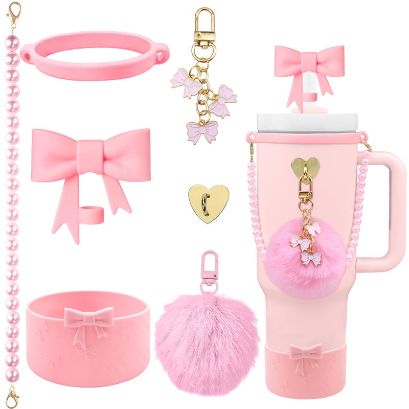Hpebl 7PCS Light Pink of Stanley Cup Accessories Set 30/40 Oz Pearl Bow Charms for Stanley Decorations Water Bottle Tumbler Accessories Including Bow Straw Topper, Pom Pom Keychain, Tumbler Boot - Image 1