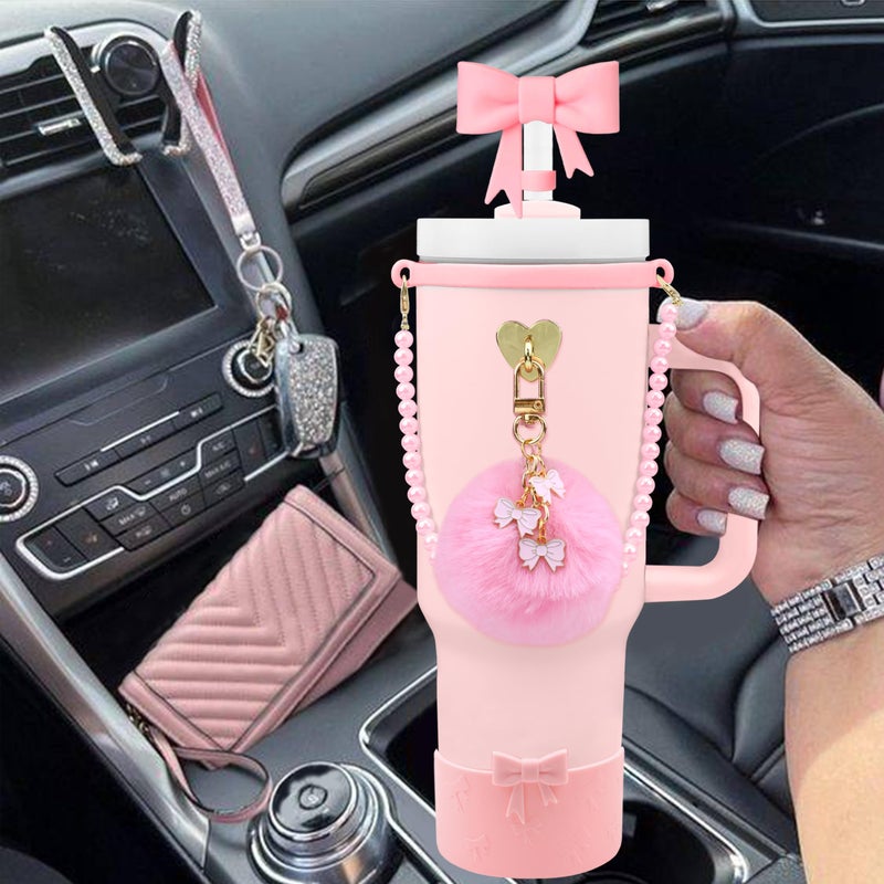 Hpebl 7PCS Light Pink of Stanley Cup Accessories Set 30/40 Oz Pearl Bow Charms for Stanley Decorations Water Bottle Tumbler Accessories Including Bow Straw Topper, Pom Pom Keychain, Tumbler Boot - Image 5
