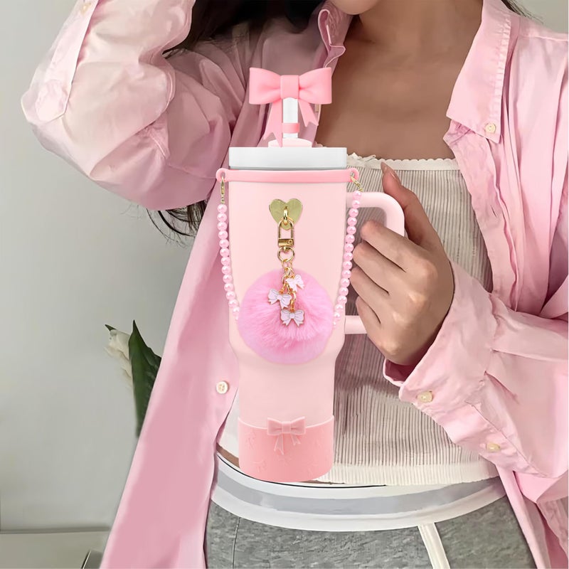 Hpebl 7PCS Light Pink of Stanley Cup Accessories Set 30/40 Oz Pearl Bow Charms for Stanley Decorations Water Bottle Tumbler Accessories Including Bow Straw Topper, Pom Pom Keychain, Tumbler Boot - Image 2