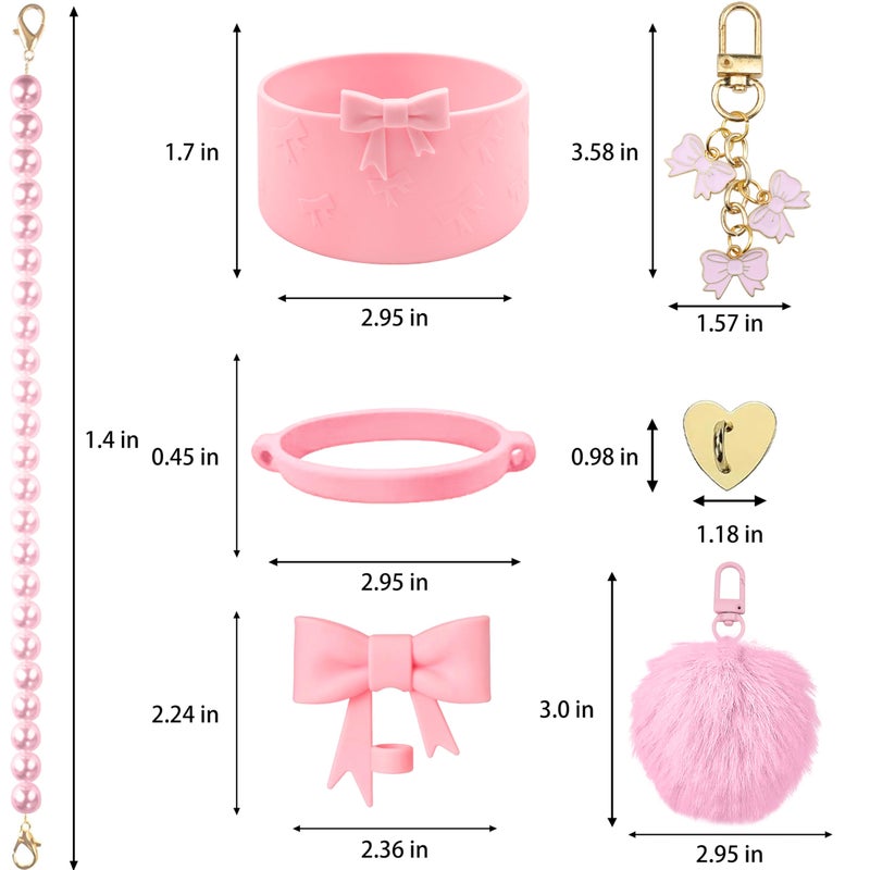 Hpebl 7PCS Light Pink of Stanley Cup Accessories Set 30/40 Oz Pearl Bow Charms for Stanley Decorations Water Bottle Tumbler Accessories Including Bow Straw Topper, Pom Pom Keychain, Tumbler Boot - Image 3