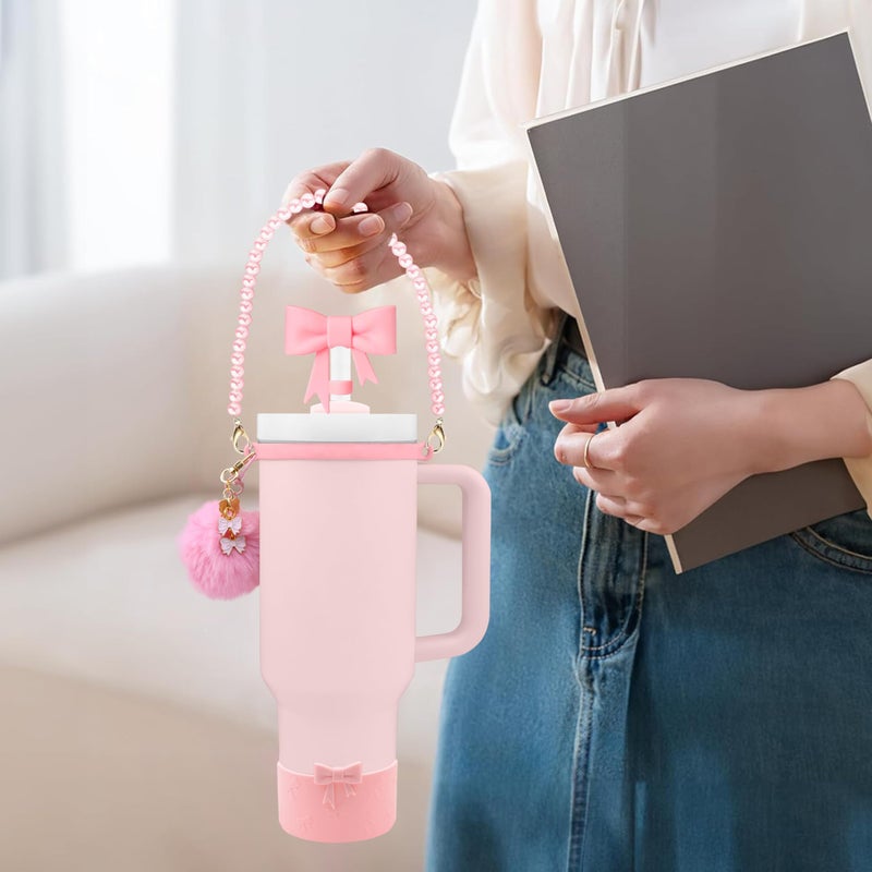 Hpebl 7PCS Light Pink of Stanley Cup Accessories Set 30/40 Oz Pearl Bow Charms for Stanley Decorations Water Bottle Tumbler Accessories Including Bow Straw Topper, Pom Pom Keychain, Tumbler Boot - Image 4