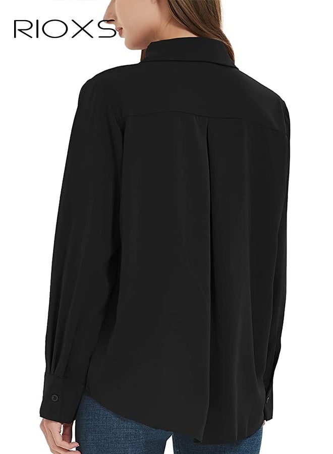 ريوكس زر شيفون الأسود النسائي قميص داون, ياقة الثقب الكلاسيكية بلوزة الكمام الطويلة, قميص عمل المكتب القابل للتنفس, قميص رسمي خفيف الوزن للنساء, قميص درسي أنيق غير قابل للتنفس - Image 3
