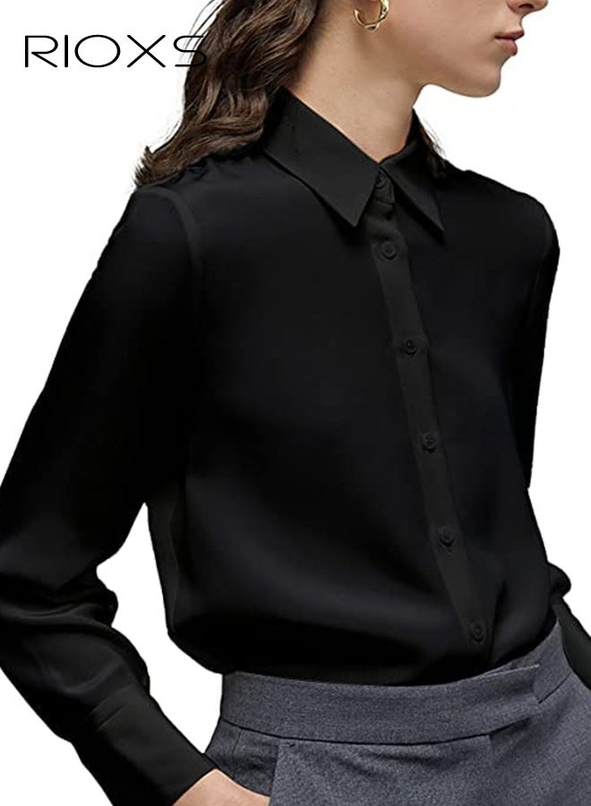 ريوكس زر شيفون الأسود النسائي قميص داون, ياقة الثقب الكلاسيكية بلوزة الكمام الطويلة, قميص عمل المكتب القابل للتنفس, قميص رسمي خفيف الوزن للنساء, قميص درسي أنيق غير قابل للتنفس - Image 2