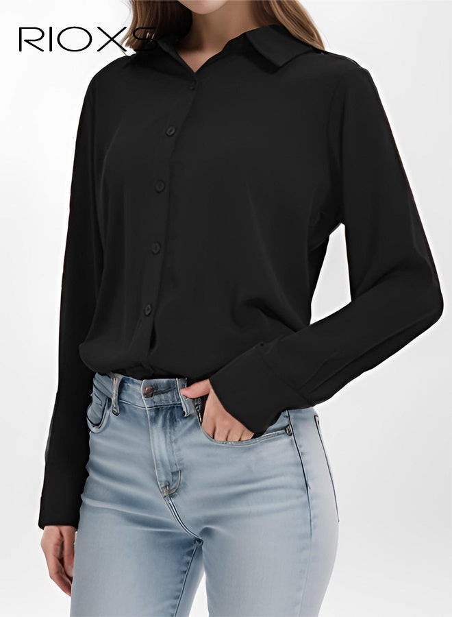 ريوكس زر شيفون الأسود النسائي قميص داون, ياقة الثقب الكلاسيكية بلوزة الكمام الطويلة, قميص عمل المكتب القابل للتنفس, قميص رسمي خفيف الوزن للنساء, قميص درسي أنيق غير قابل للتنفس - Image 5