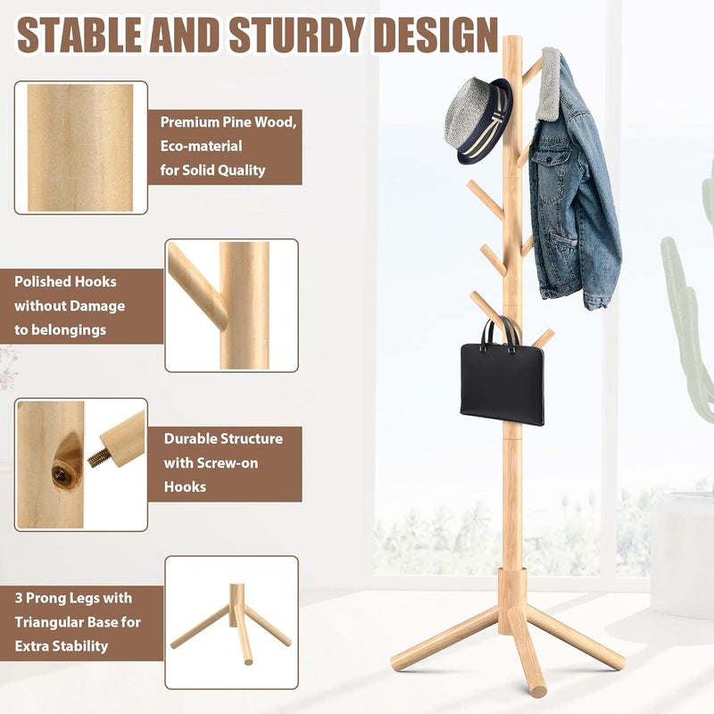 Haddockway Wooden Coat Rack Stand with 8 Hooks New Zealand Pine Adjustable Coat Standing Tree Easy Assembly for Coats, Hats, Scarves and Handbags for Entryway, Hallway, Bedroom, Office - Image 2
