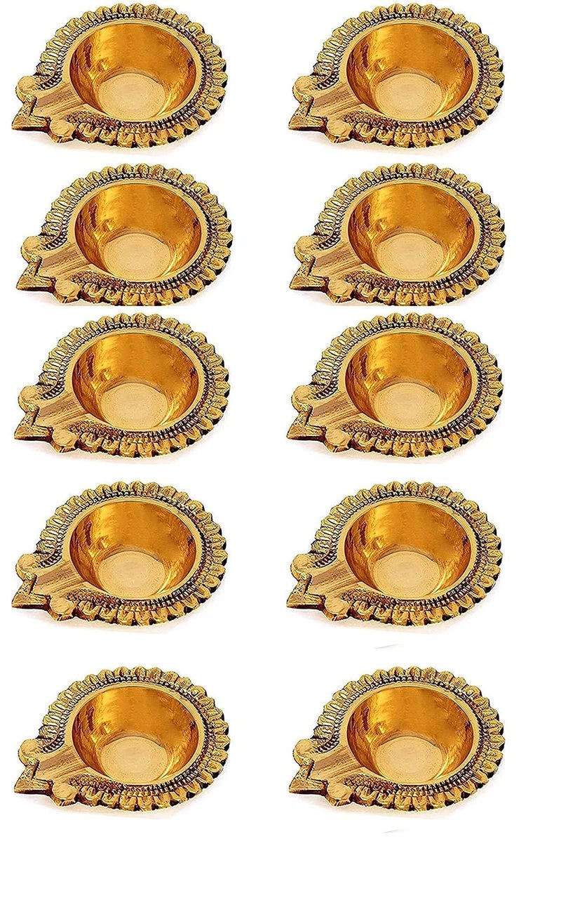 CRAFTSMAN SATVIK 10 Pc Lakshmi Deepak for Diwali Decoration Handmade Oil Lamp Golden Engraved Made of Virgin Brass Metal Vilakku for Puja Traditional Indian Deepawali Housewarming Return Gift Item - Image 1