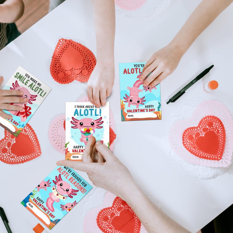 MAPDTWO 36 Packs Axolotl Valentines Cards - Axolotl Valentines Card for School Girls Class Classroom Party Favors - Axolotls 6 Designs Exchange, 3.2''x 4.7'' Cards & Stickers, Envelopes - Image 5