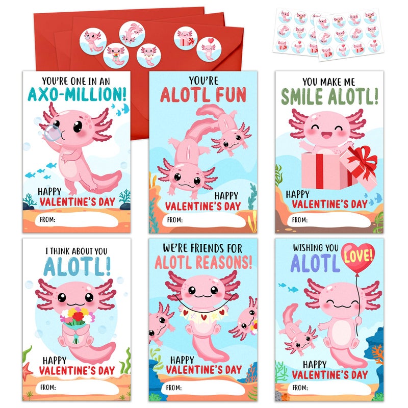 MAPDTWO 36 Packs Axolotl Valentines Cards - Axolotl Valentines Card for School Girls Class Classroom Party Favors - Axolotls 6 Designs Exchange, 3.2''x 4.7'' Cards & Stickers, Envelopes - Image 1