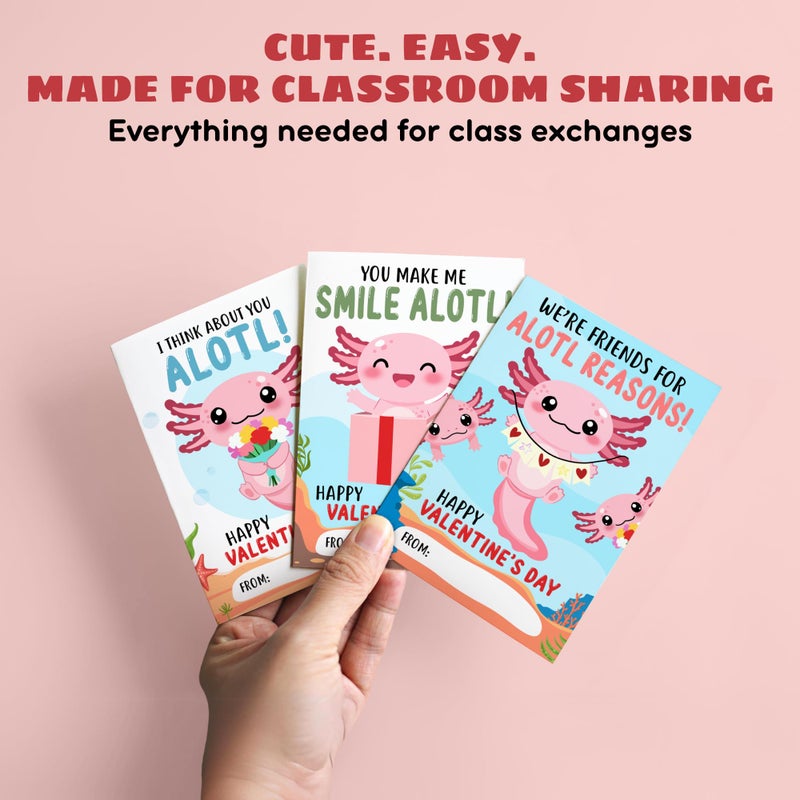 MAPDTWO 36 Packs Axolotl Valentines Cards - Axolotl Valentines Card for School Girls Class Classroom Party Favors - Axolotls 6 Designs Exchange, 3.2''x 4.7'' Cards & Stickers, Envelopes - Image 3