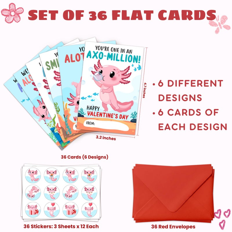 MAPDTWO 36 Packs Axolotl Valentines Cards - Axolotl Valentines Card for School Girls Class Classroom Party Favors - Axolotls 6 Designs Exchange, 3.2''x 4.7'' Cards & Stickers, Envelopes - Image 2