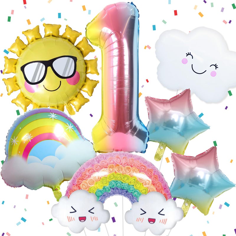 Paeyeq Rainbow Balloons 1st Birthday Decorations For Girls, First Birthday Decorations Girl with Sun Rainbow Stars Number 1 Balloons for Baby Girls 1st Birthday Party Supplies - Image 1