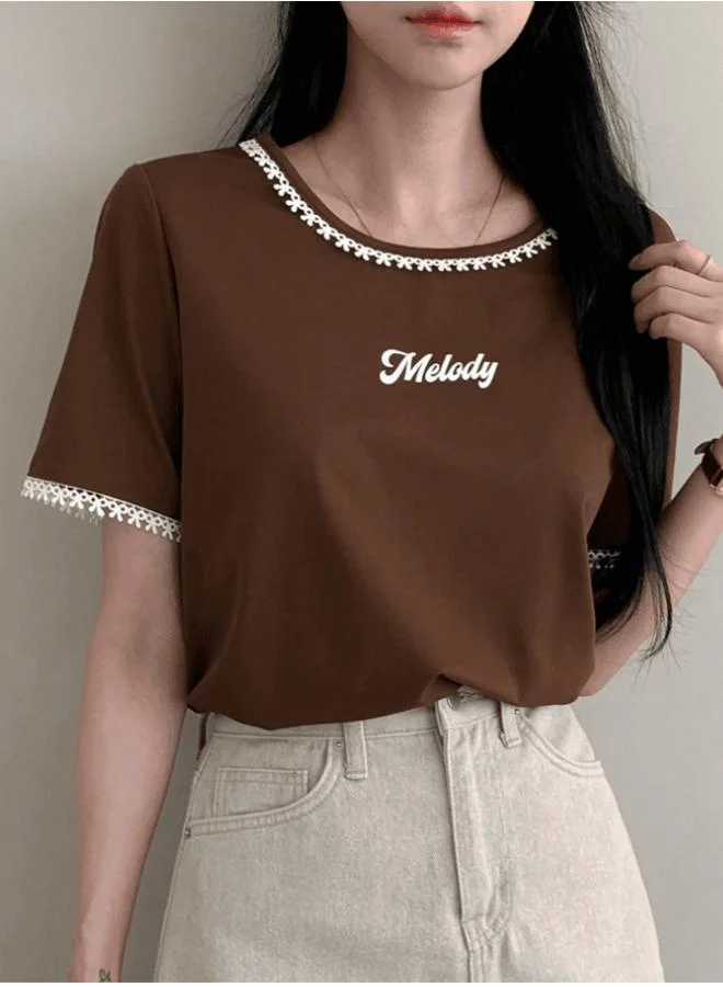 تايك تو Brown Round Neck T-Shirt with Lace Trim