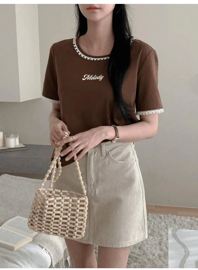 تايك تو Brown Round Neck T-Shirt with Lace Trim