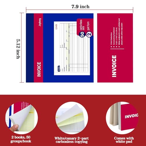 Joyberg 2 Packs Invoice Book for Small Business 2-Part Carbonless, 5-1/8”x7-29/32” Receipt Book for Small Business, White/Canary Invoice Receipt Book, Purchase Order, Sales Order(50 Sets per Book) - Image 2