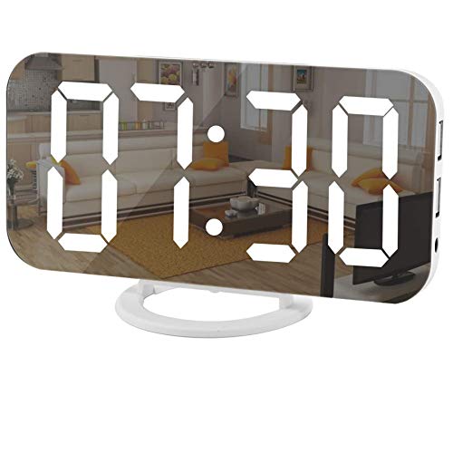SZELAM Digital Clock Large Display LED Electric Alarm Clocks Mirror Surface for Makeup with Diming Mode 3 Levels Brightness Dual USB Ports Modern Decoration for Home Bedroom DecorWhite 001