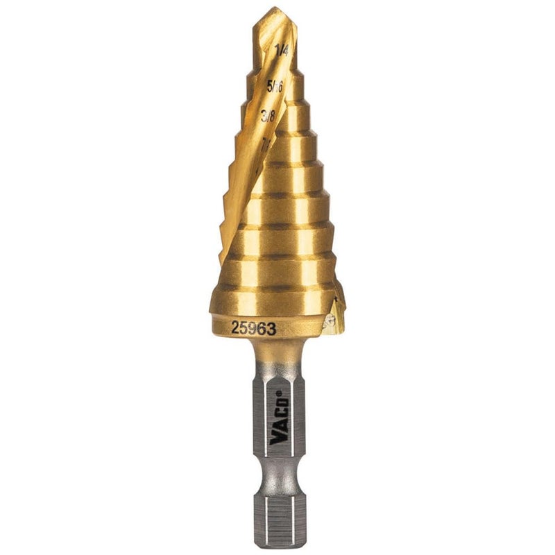Klein Tools 25963 Step Drill Bit 14 to 34Inch Spiral DoubleFluted Cuts Thin Metal Plastic Aluminum Wood 14Inch Hex Shank VACO