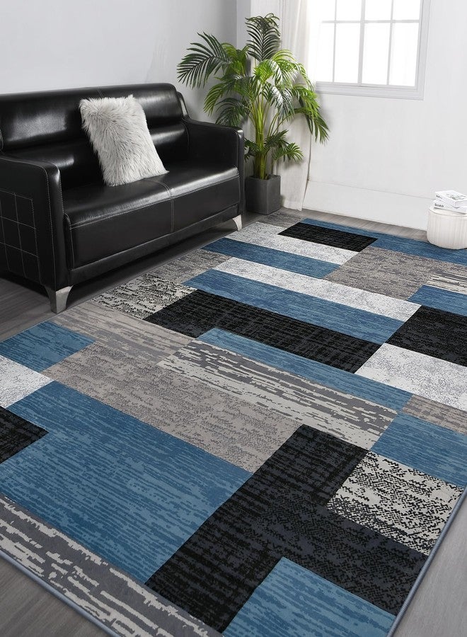 FlyDOIT Modern Geometric Patchwork Area Rug, 5x8 Blue Large Rugs for Living Room, Rockwood Collection Indoor Rugs for Bedroom, Throw Carpet Floor Decor for Entryway Dining Room Office Nursery - Image 2