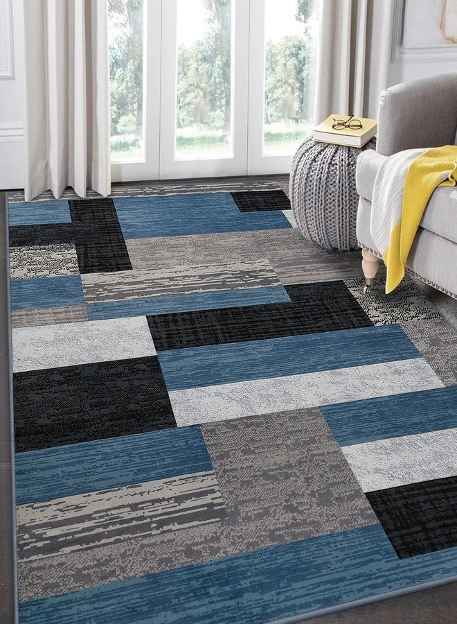 FlyDOIT Modern Geometric Patchwork Area Rug, 5x8 Blue Large Rugs for Living Room, Rockwood Collection Indoor Rugs for Bedroom, Throw Carpet Floor Decor for Entryway Dining Room Office Nursery - Image 5