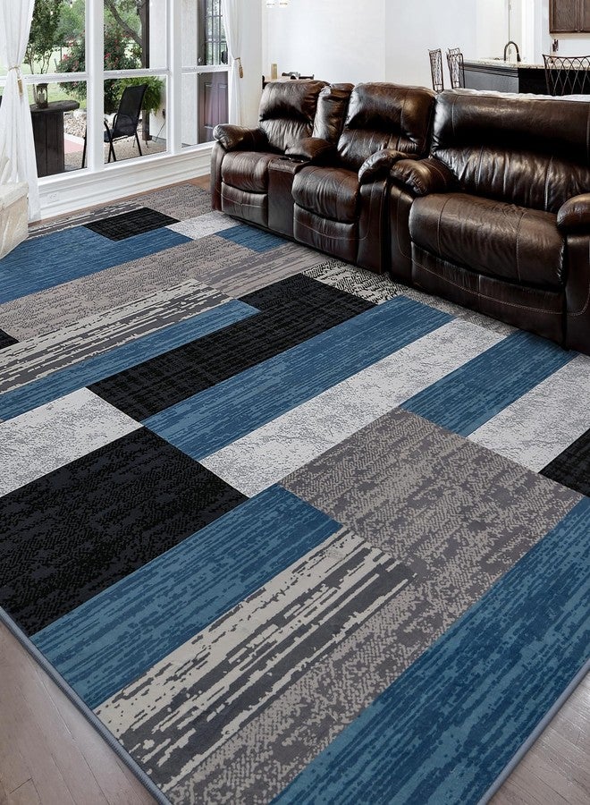 FlyDOIT Modern Geometric Patchwork Area Rug, 5x8 Blue Large Rugs for Living Room, Rockwood Collection Indoor Rugs for Bedroom, Throw Carpet Floor Decor for Entryway Dining Room Office Nursery - Image 1