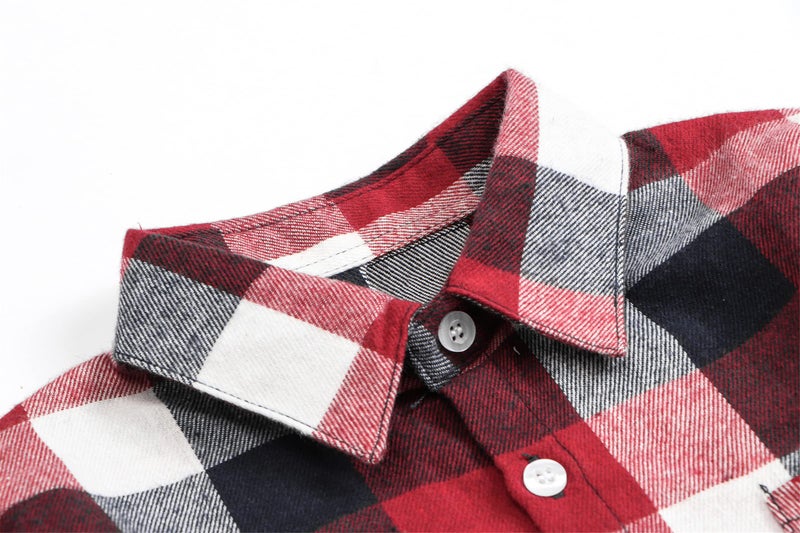 SANGTREE Boys and Mens Flannel Plaid Long Sleeve Shirt Casual Button Down Shirts, Red Navy, 12-13 Years - Image 3