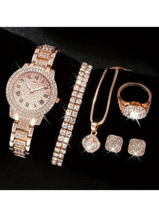 Women's 5-Piece Jewelry Watch Set – Roman Numeral Diamond Quartz Watch with Bracelet, Necklace, Ring & Earrings