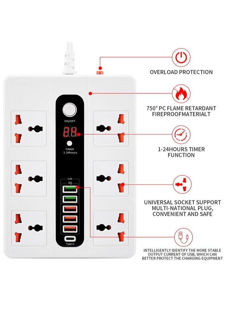 XiuWoo - 2 Meter Universal Socket, Charging USB Socket Timing Function Extension Plug, white - Image 1
